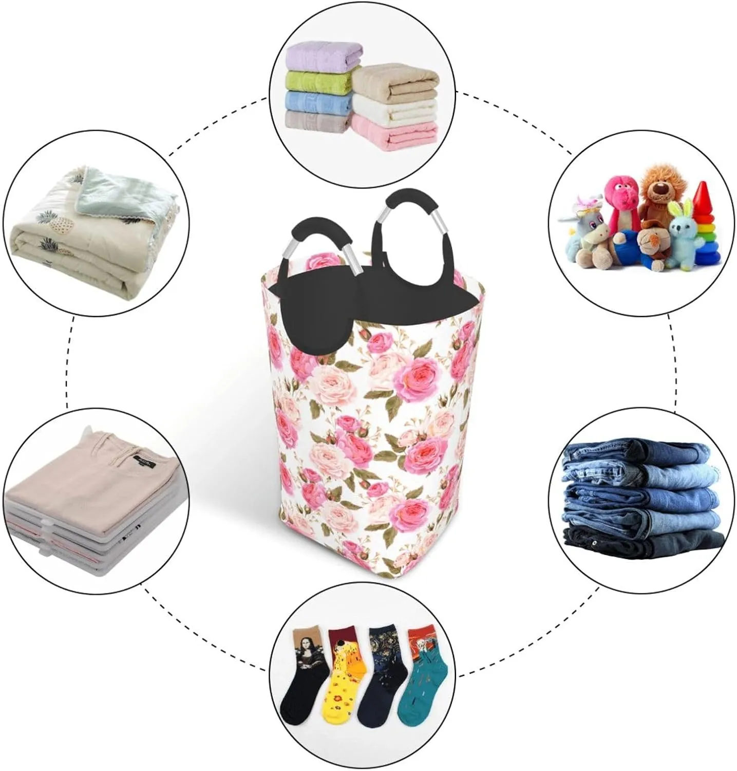 Floral Laundry Basket Flower Rose Laundry Hamper Pink Collapsible Laundry Baskets with Handle Laundry Bag Dirty Clothes Hamper for Dorm Family Bathroom Decor Storage 50L