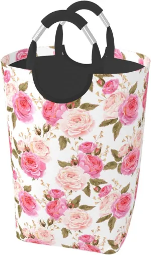 Floral Laundry Basket Flower Rose Laundry Hamper Pink Collapsible Laundry Baskets with Handle Laundry Bag Dirty Clothes Hamper for Dorm Family Bathroom Decor Storage 50L
