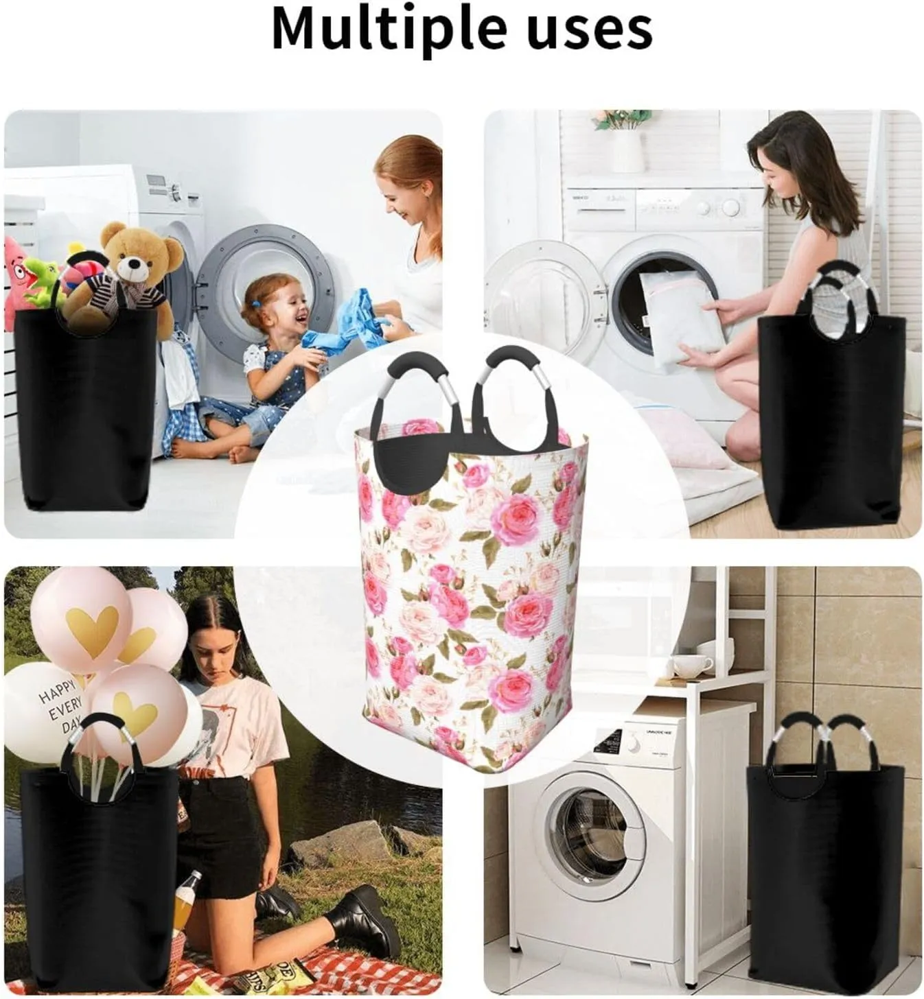 Floral Laundry Basket Flower Rose Laundry Hamper Pink Collapsible Laundry Baskets with Handle Laundry Bag Dirty Clothes Hamper for Dorm Family Bathroom Decor Storage 50L