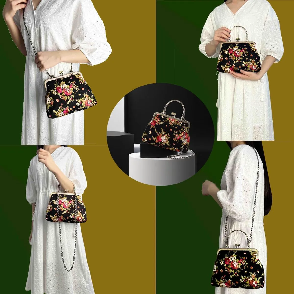 Floral Top-Handle Handbag, Kiss Lock Evening Bag for Women, Vintage Handbag