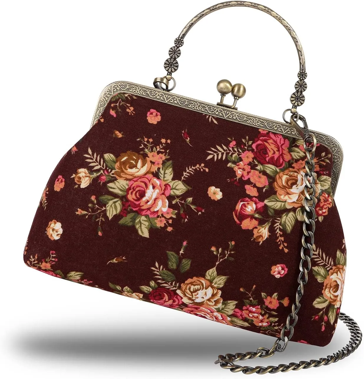 Floral Top-Handle Handbag, Kiss Lock Evening Bag for Women, Vintage Handbag