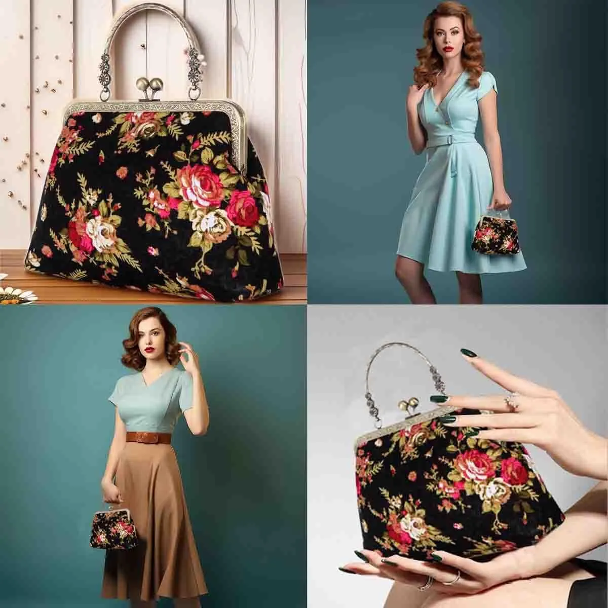 Floral Top-Handle Handbag, Kiss Lock Evening Bag for Women, Vintage Handbag