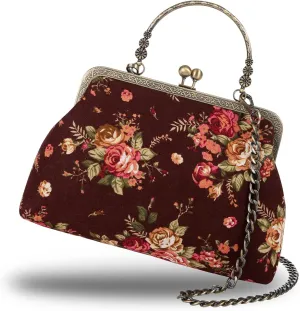 Floral Top-Handle Handbag, Kiss Lock Evening Bag for Women, Vintage Handbag