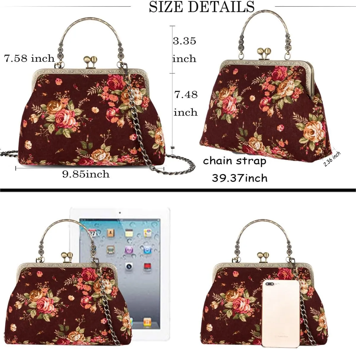 Floral Top-Handle Handbag, Kiss Lock Evening Bag for Women, Vintage Handbag