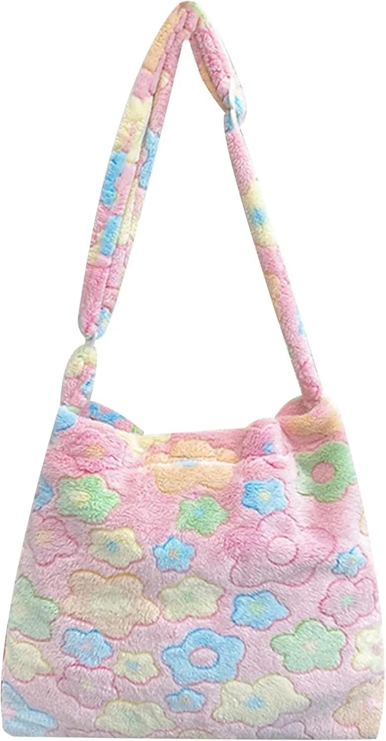 Fluffy Tote Bag Cute Plush Underarm Bag Y2K Furry Flower Heart Fuzzy Shoulder Bag for Women Autumn Winter