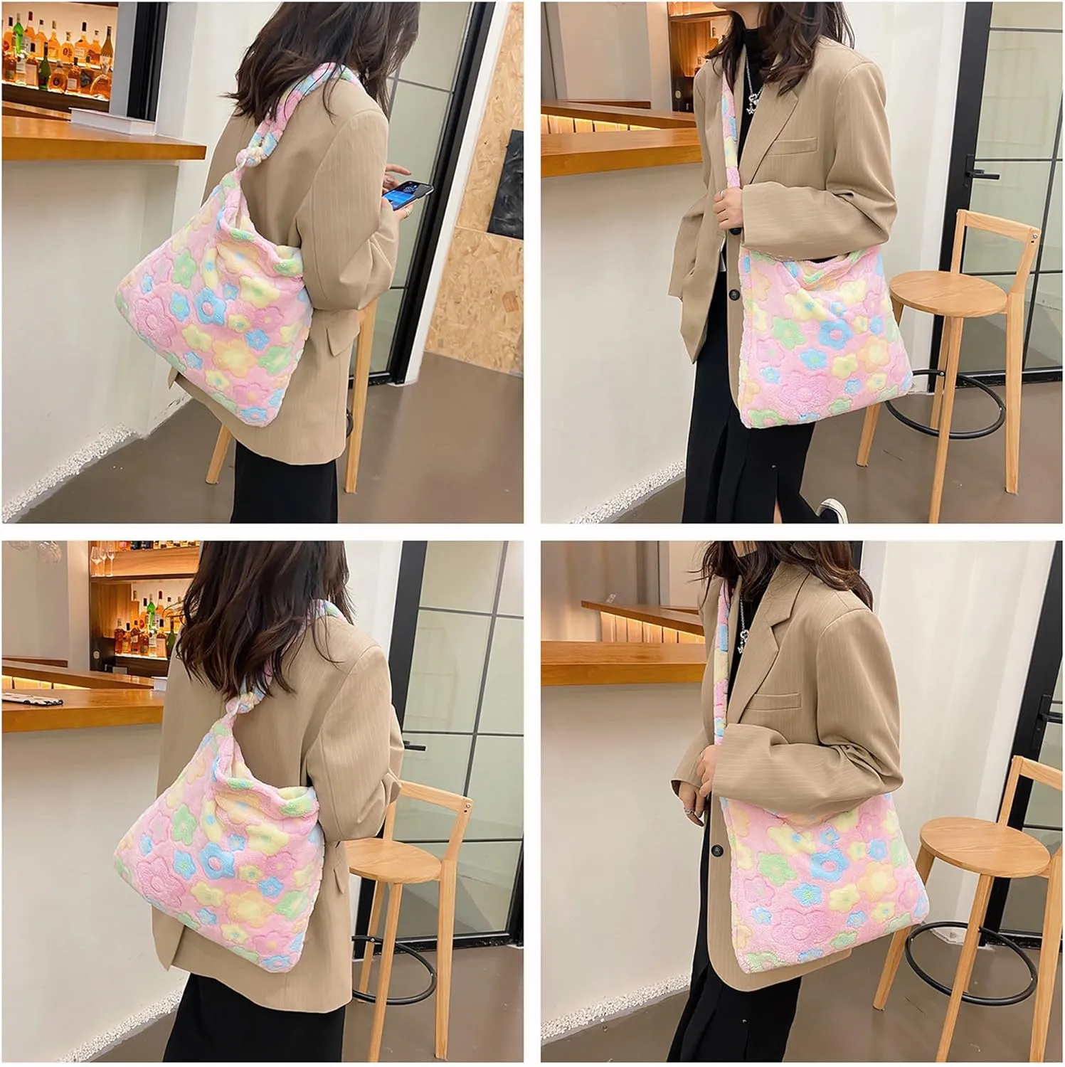 Fluffy Tote Bag Cute Plush Underarm Bag Y2K Furry Flower Heart Fuzzy Shoulder Bag for Women Autumn Winter