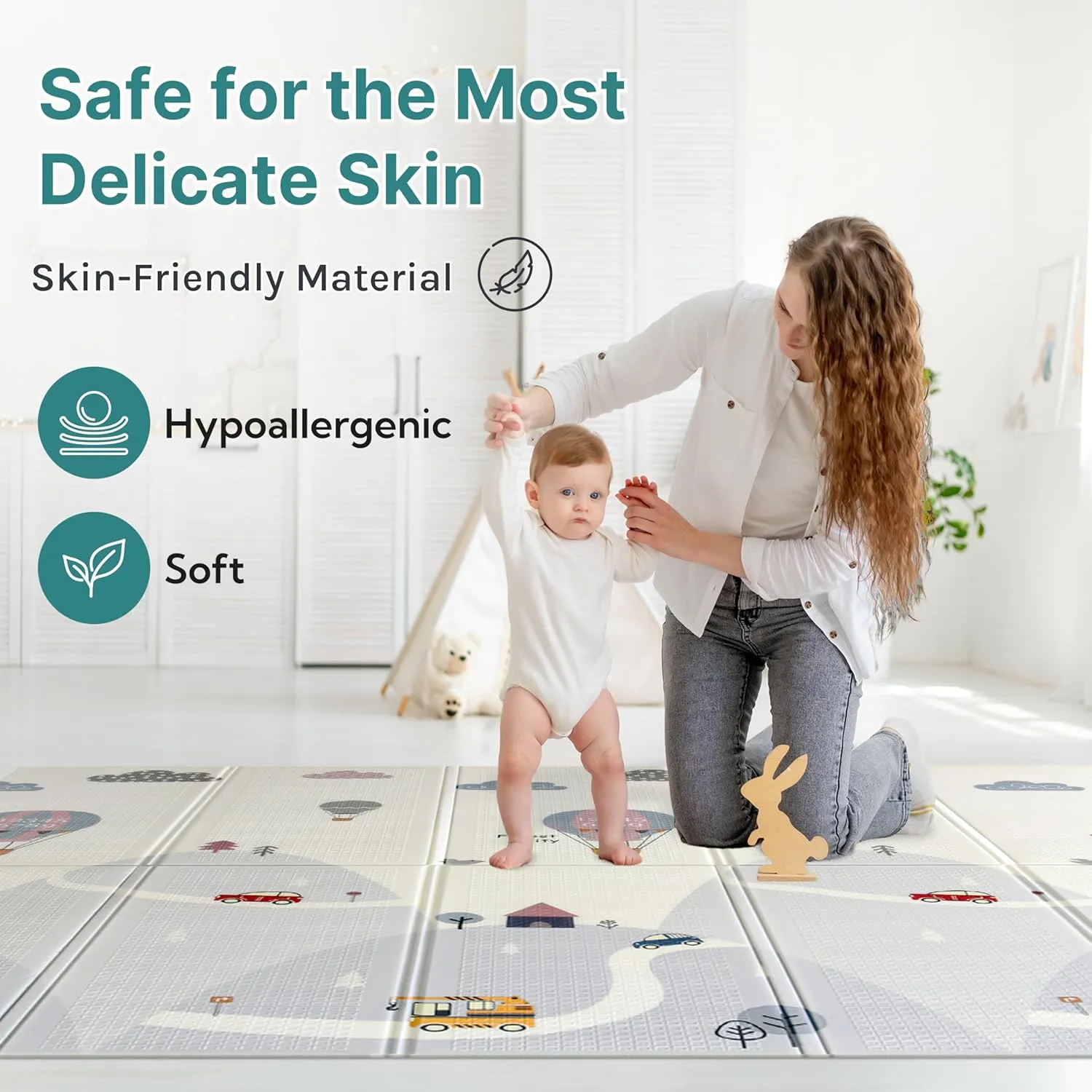 Foldable Baby Play Mat, Extra Large, Non-Toxic, Waterproof Activity Playmats for Babies, Education for Infant, Non-Slip Double Sided (79” x 71”and 0,4in Grey)