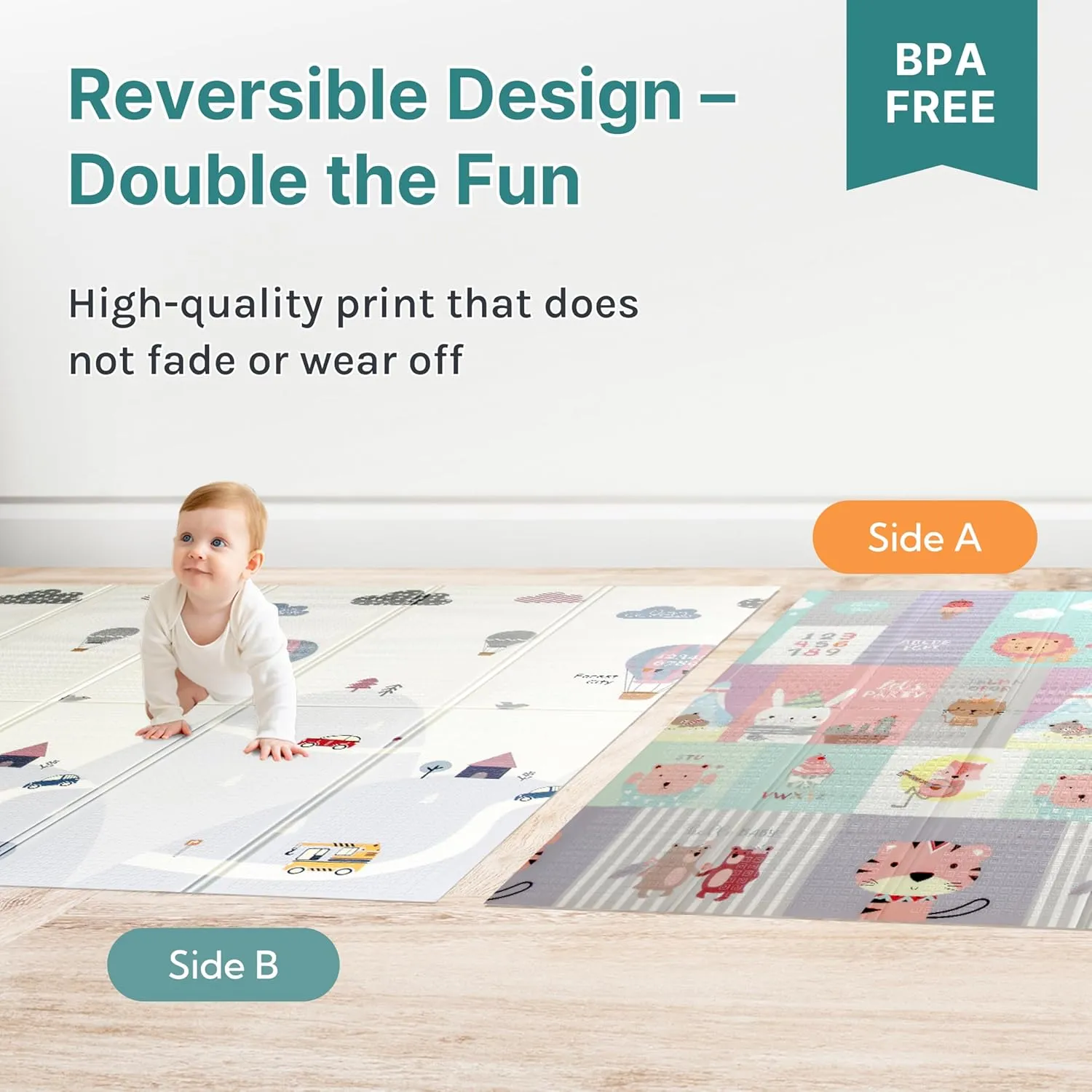 Foldable Baby Play Mat, Extra Large, Non-Toxic, Waterproof Activity Playmats for Babies, Education for Infant, Non-Slip Double Sided (79” x 71”and 0,4in Grey)