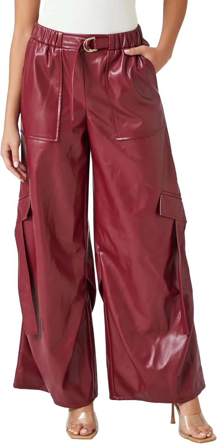 Forever 21 Women's Faux Leather Wide-Leg Cargo Pants