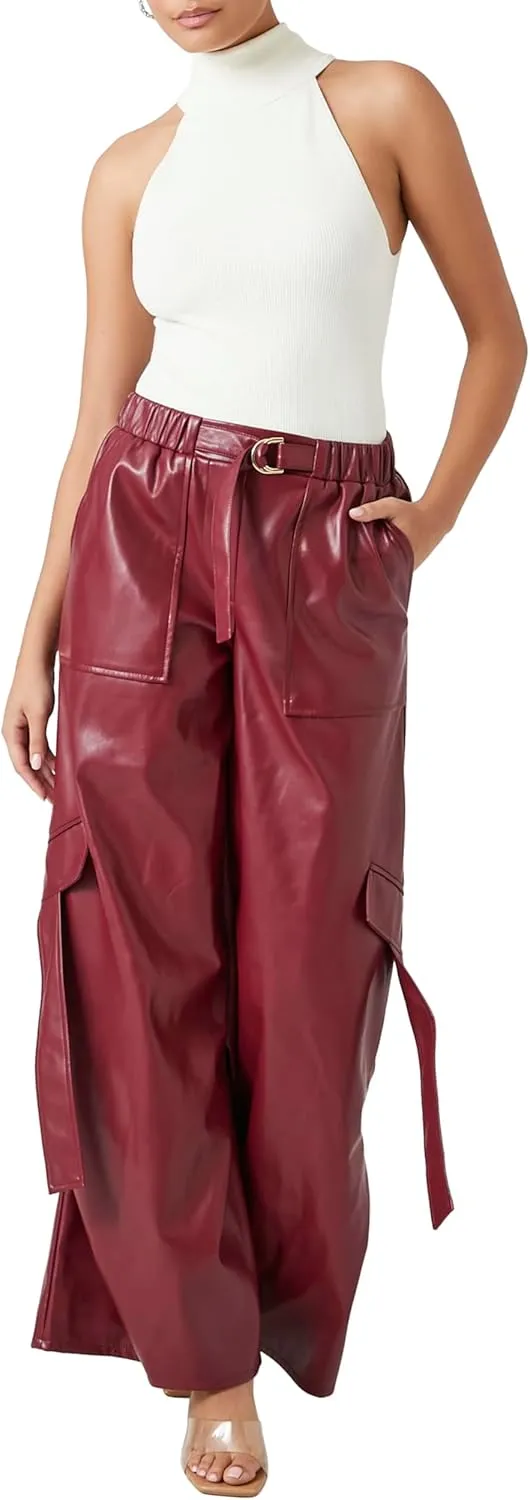 Forever 21 Women's Faux Leather Wide-Leg Cargo Pants