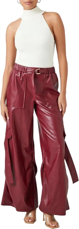 Forever 21 Women's Faux Leather Wide-Leg Cargo Pants