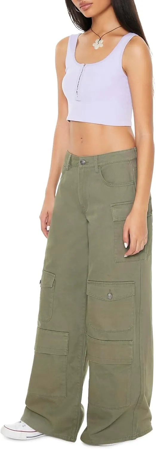 Forever 21 Women's Twill Wide-Leg Cargo Pants