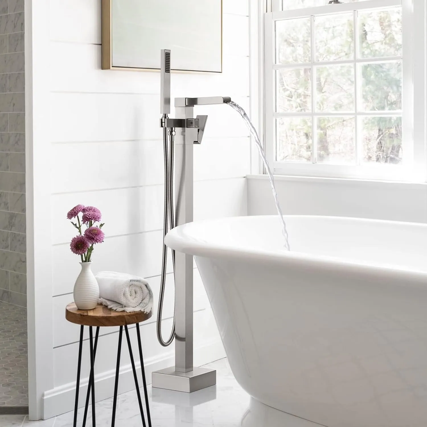 Freestanding Tub Faucet Brushed Nickel: ALEASHA High Flow Max 6.74 GPM Free Standing Tub Filler - Brass Modern Floor Mount Bathtub Faucet with Handheld Shower, for The Ultimate Elegant SPA Experience
