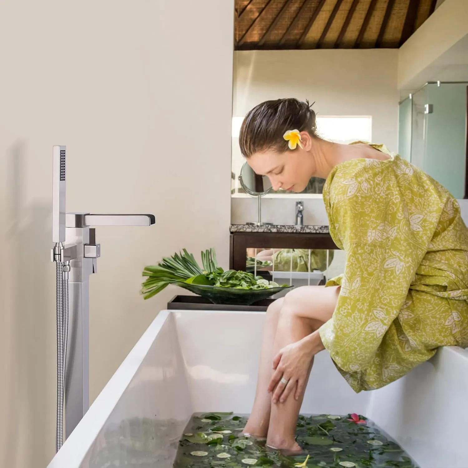 Freestanding Tub Faucet Brushed Nickel: ALEASHA High Flow Max 6.74 GPM Free Standing Tub Filler - Brass Modern Floor Mount Bathtub Faucet with Handheld Shower, for The Ultimate Elegant SPA Experience