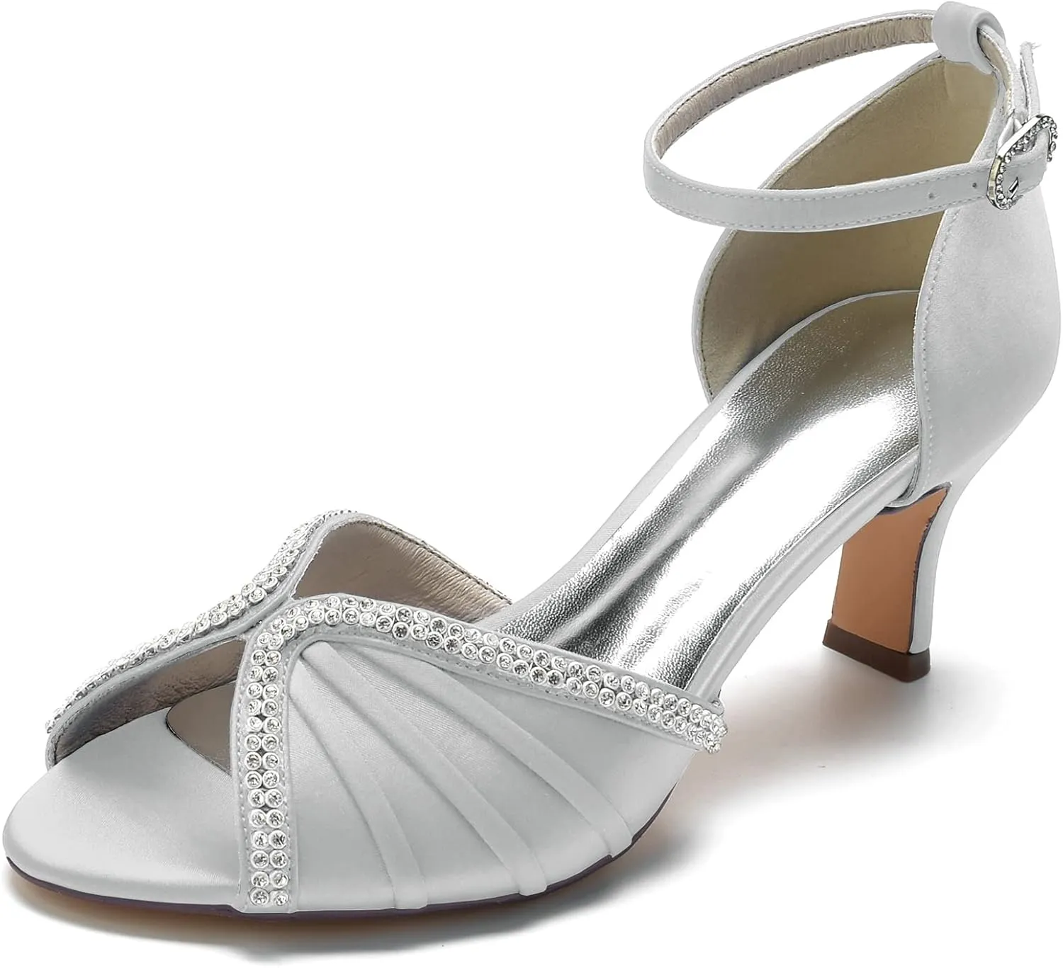 FufoneUS Women's Sandals Peep Toe Kitten Mid Heel Pumps Crystal Pleated Satin Wedding Dress Shoes,Silver,6