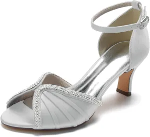 FufoneUS Women's Sandals Peep Toe Kitten Mid Heel Pumps Crystal Pleated Satin Wedding Dress Shoes,Silver,6