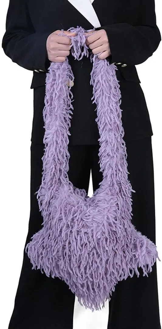 Fur Shoulder Bag for Women Y2k Star Shape Fluffy Crossbody Bag Solid Color Feather Messenger Bag Tote Bag