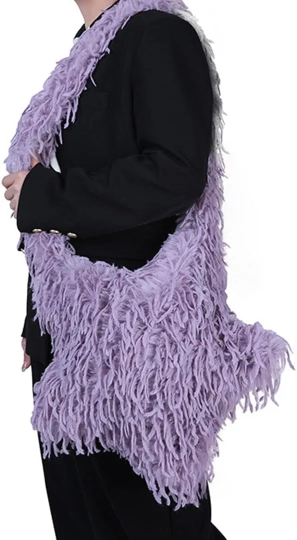 Fur Shoulder Bag for Women Y2k Star Shape Fluffy Crossbody Bag Solid Color Feather Messenger Bag Tote Bag