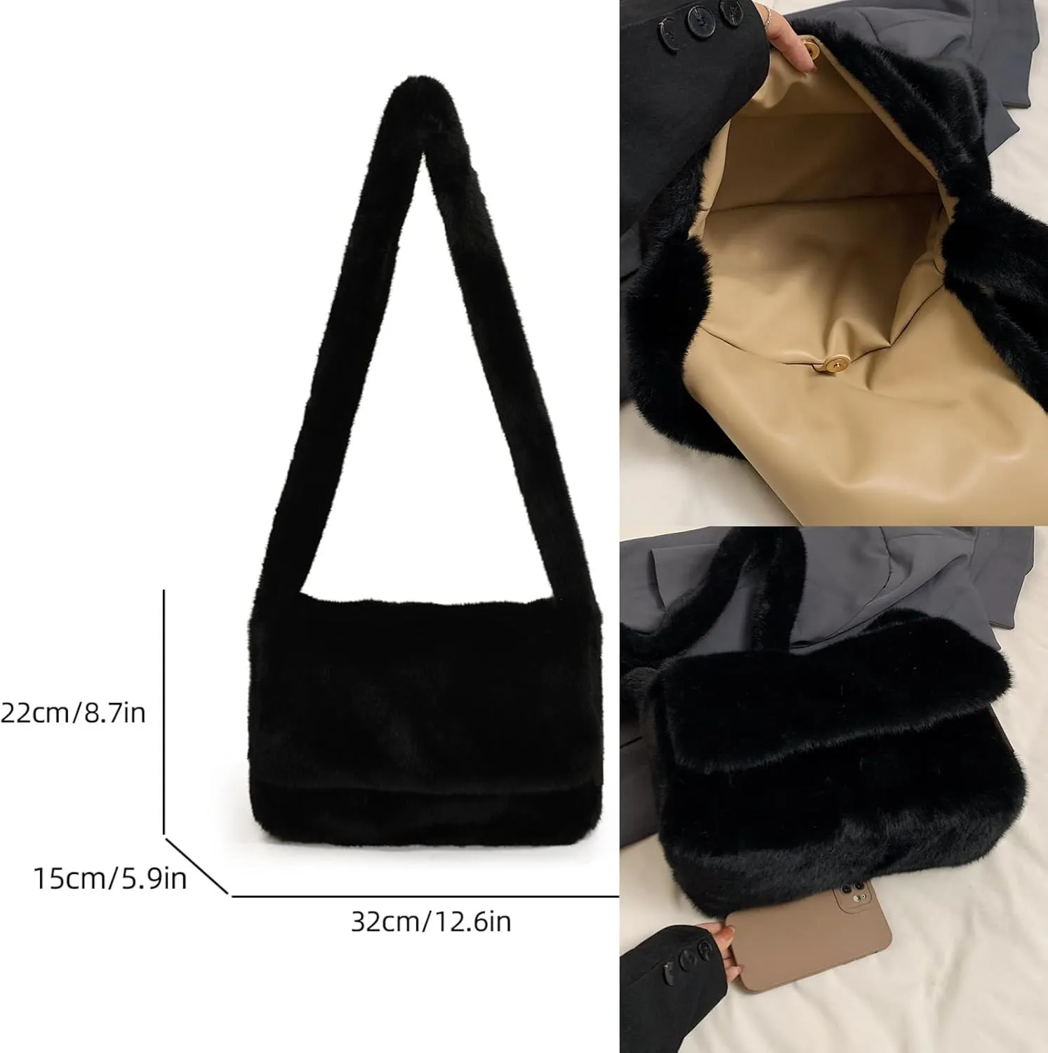 Furry Faux Fur Shoulder Crossbody Bag for Women Cute Handbag Fluffy Plush Y2K Messenger Purse