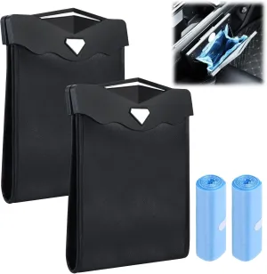 Fuutreo 2 Pcs Smart LED Car Trash Cans Waterproof Garbage Bags with 30pcs Disposable Trash Bags Hanging Leather Magnet Car Storage Pocket Vehicle Rubbish Bin Garbage Cans(9.5 x 7.1'',Black)