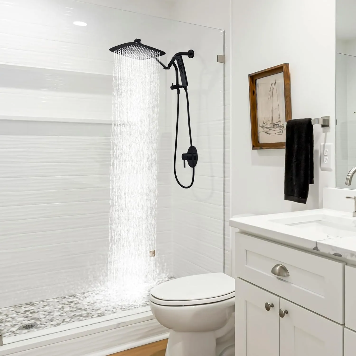 G-Promise All Metal 14 Inch Shower Head with Massage Mode Handheld, Rain Shower Head with Handheld Spray Combo, 3-Way Diverter with Pause Setting, 12 Inch Adjustable Extension Arm (Matte Black)
