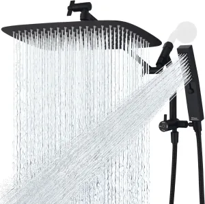 G-Promise All Metal 14 Inch Shower Head with Massage Mode Handheld, Rain Shower Head with Handheld Spray Combo, 3-Way Diverter with Pause Setting, 12 Inch Adjustable Extension Arm (Matte Black)