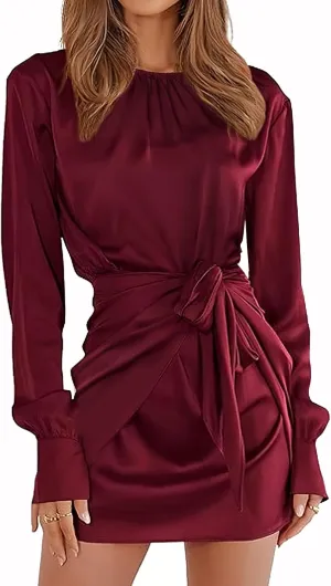 G&Y Women's Satin Tie Waist Mini Dresses - Long Sleeve Solid Party Short Dresses