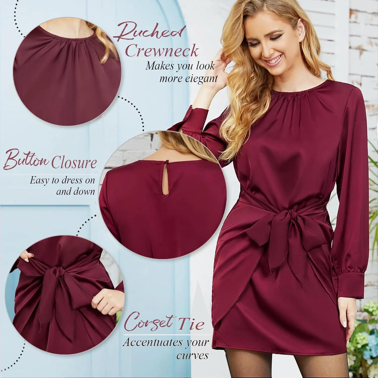 G&Y Women's Satin Tie Waist Mini Dresses - Long Sleeve Solid Party Short Dresses