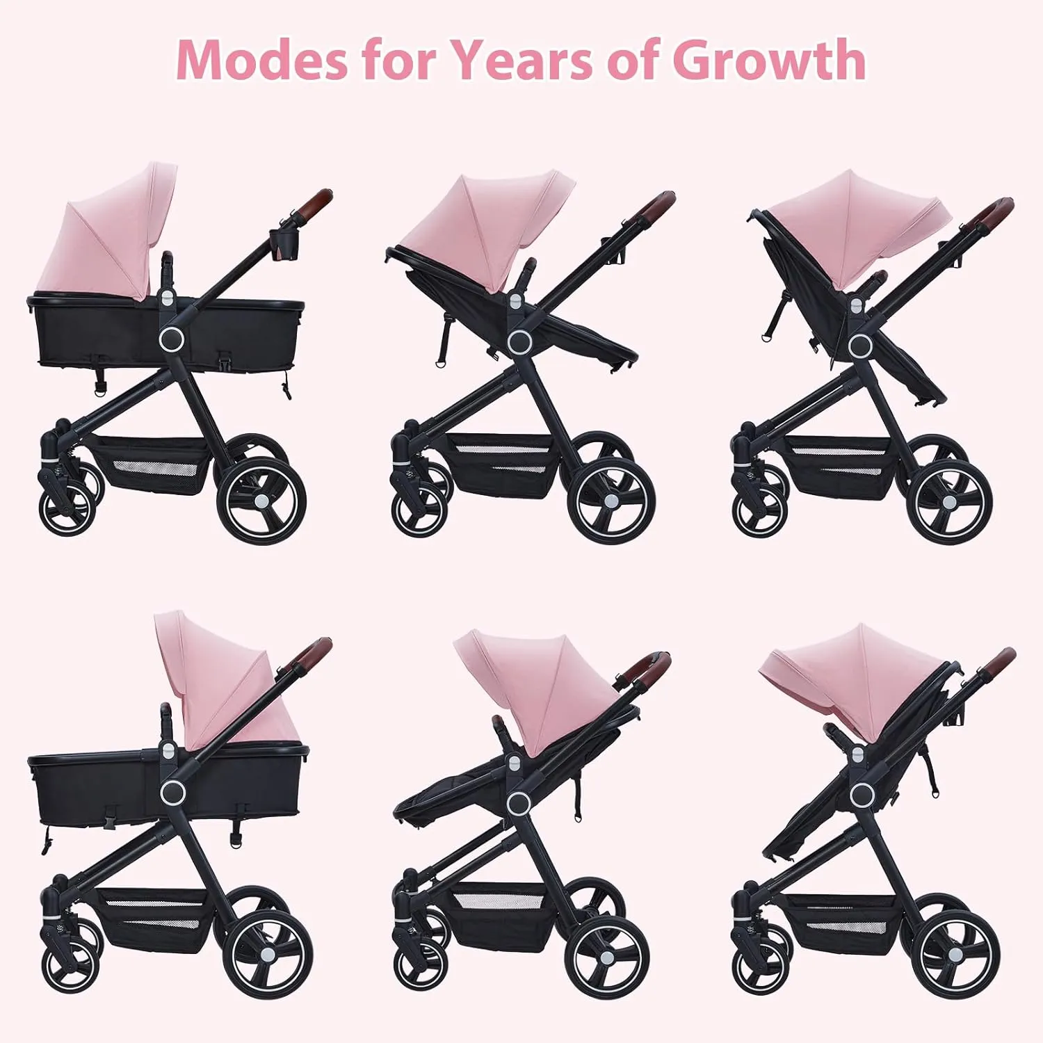 GAOMON 2 in1 Baby Stroller, High Landscape Infant Stroller, Reversible Bassinet Pram Stroller, Pushchair Adjustable Backrest & Canopy, Foldable Aluminum Alloy Anti-Shock Stroller for Newborn (Pink)