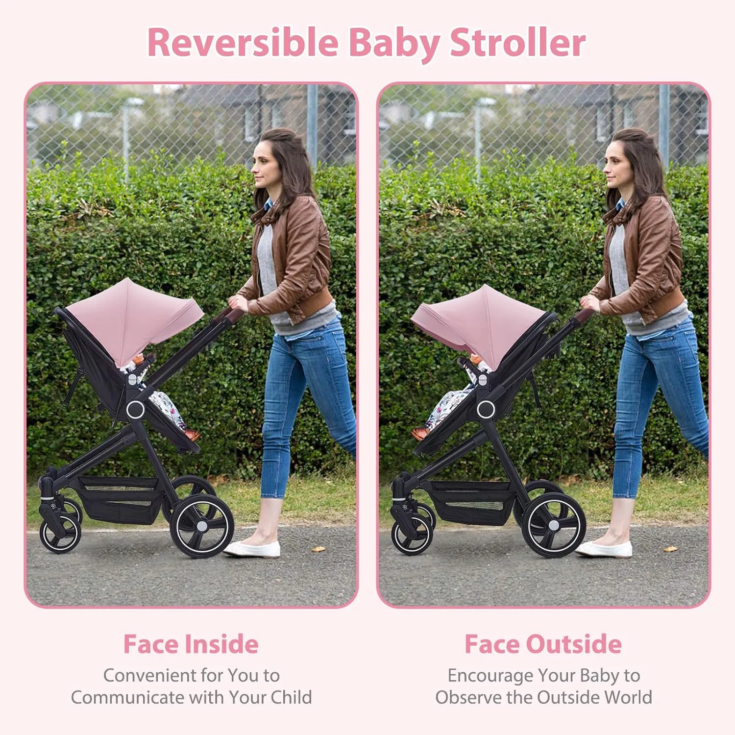GAOMON 2 in1 Baby Stroller, High Landscape Infant Stroller, Reversible Bassinet Pram Stroller, Pushchair Adjustable Backrest & Canopy, Foldable Aluminum Alloy Anti-Shock Stroller for Newborn (Pink)
