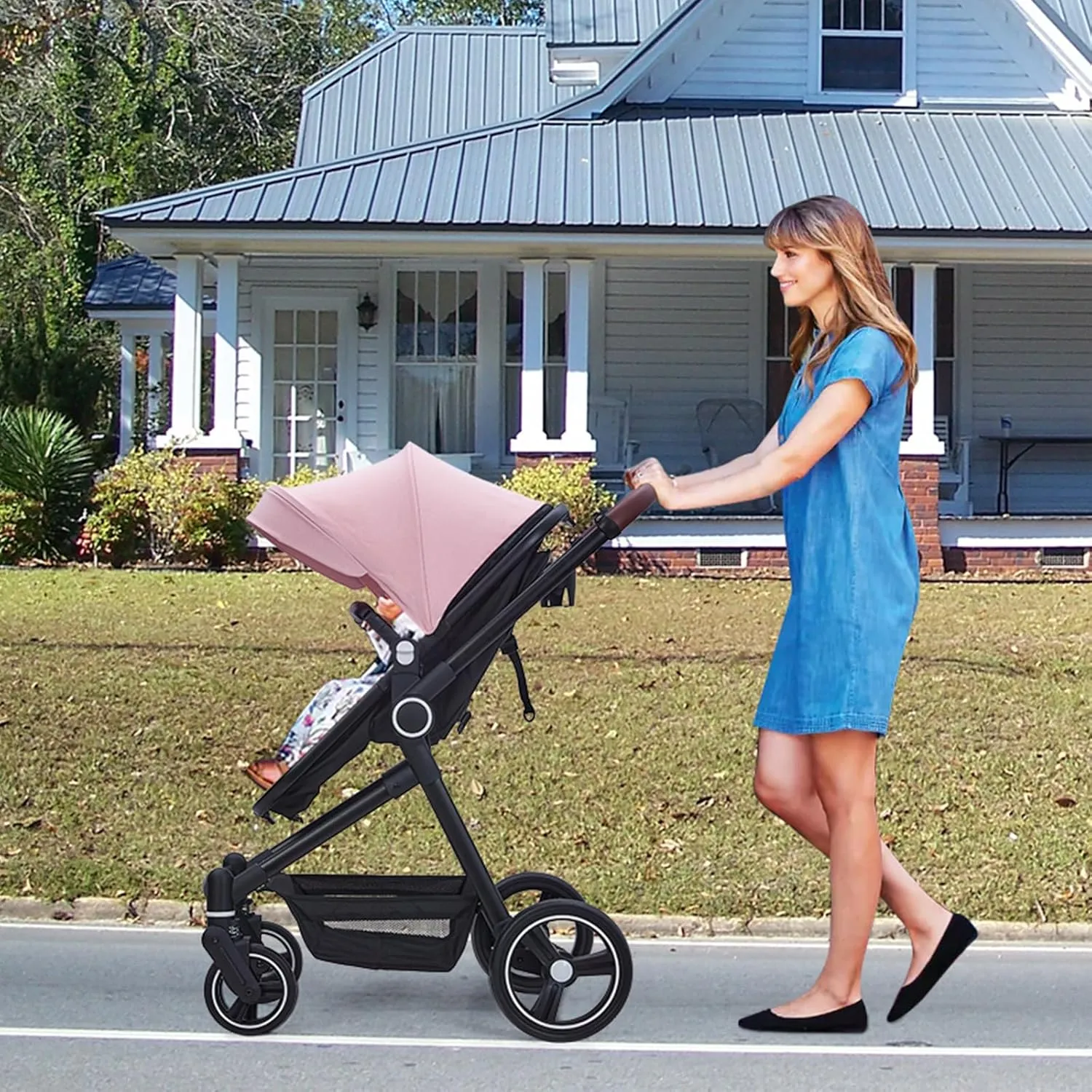 GAOMON 2 in1 Baby Stroller, High Landscape Infant Stroller, Reversible Bassinet Pram Stroller, Pushchair Adjustable Backrest & Canopy, Foldable Aluminum Alloy Anti-Shock Stroller for Newborn (Pink)