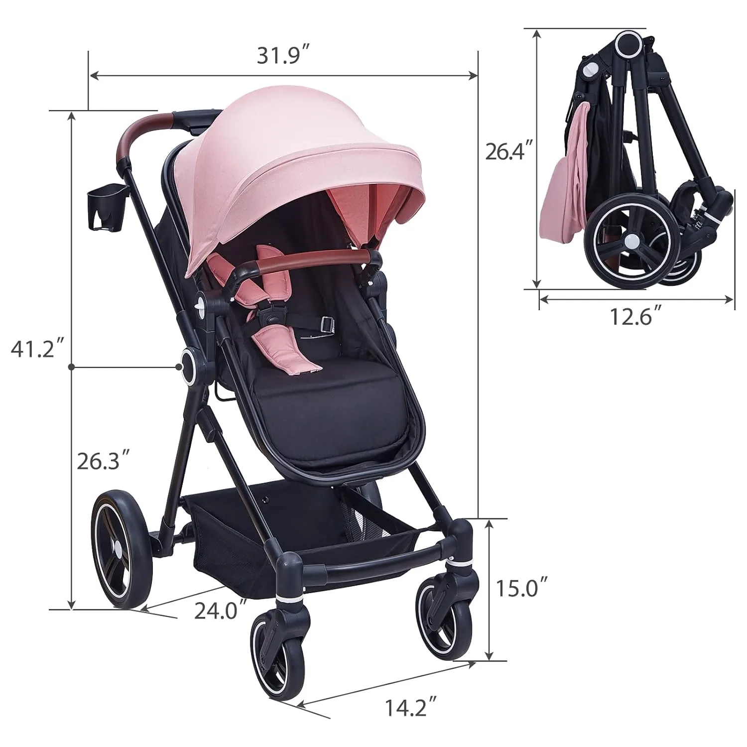 GAOMON 2 in1 Baby Stroller, High Landscape Infant Stroller, Reversible Bassinet Pram Stroller, Pushchair Adjustable Backrest & Canopy, Foldable Aluminum Alloy Anti-Shock Stroller for Newborn (Pink)