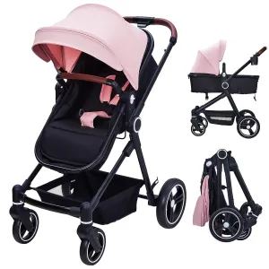 GAOMON 2 in1 Baby Stroller, High Landscape Infant Stroller, Reversible Bassinet Pram Stroller, Pushchair Adjustable Backrest & Canopy, Foldable Aluminum Alloy Anti-Shock Stroller for Newborn (Pink)