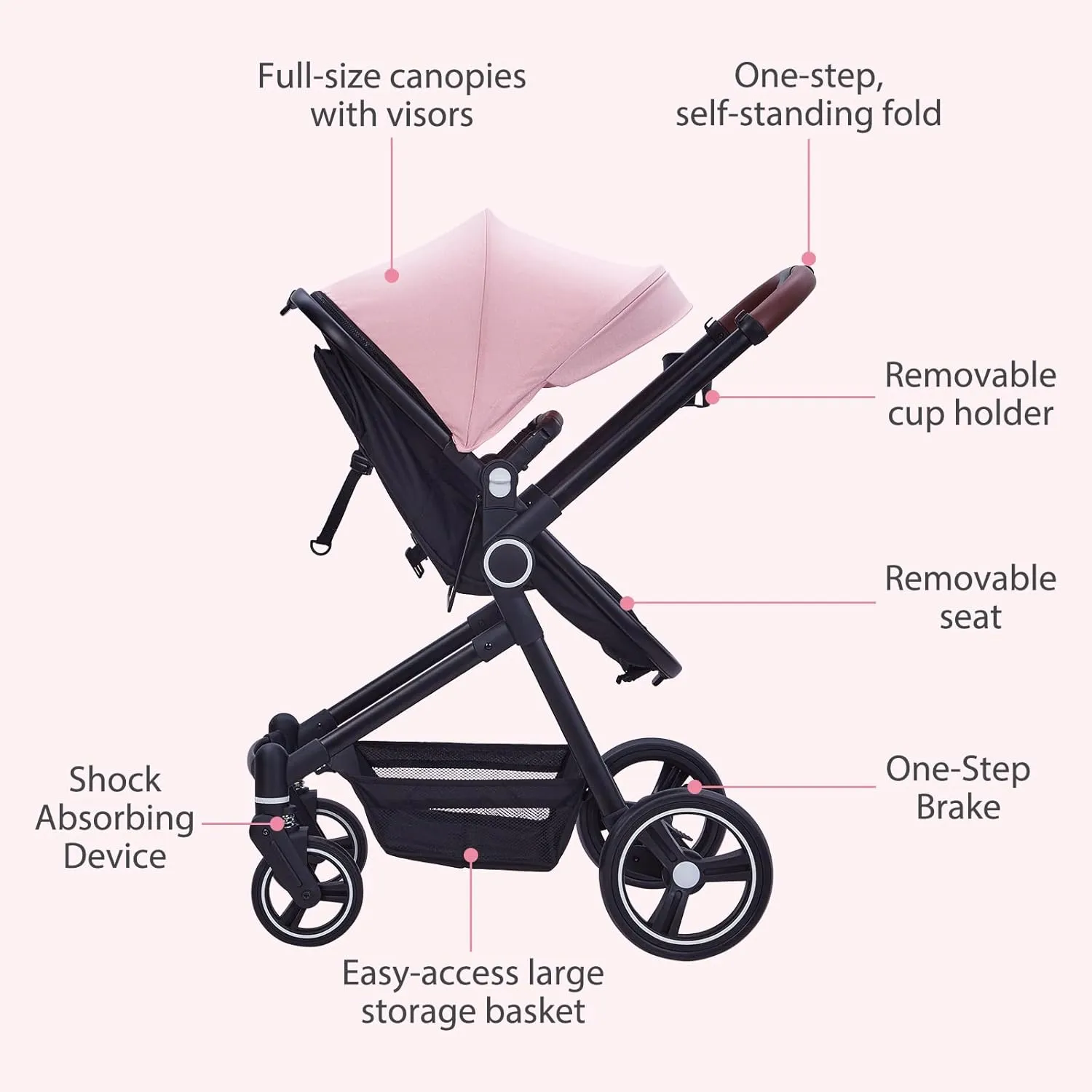 GAOMON 2 in1 Baby Stroller, High Landscape Infant Stroller, Reversible Bassinet Pram Stroller, Pushchair Adjustable Backrest & Canopy, Foldable Aluminum Alloy Anti-Shock Stroller for Newborn (Pink)