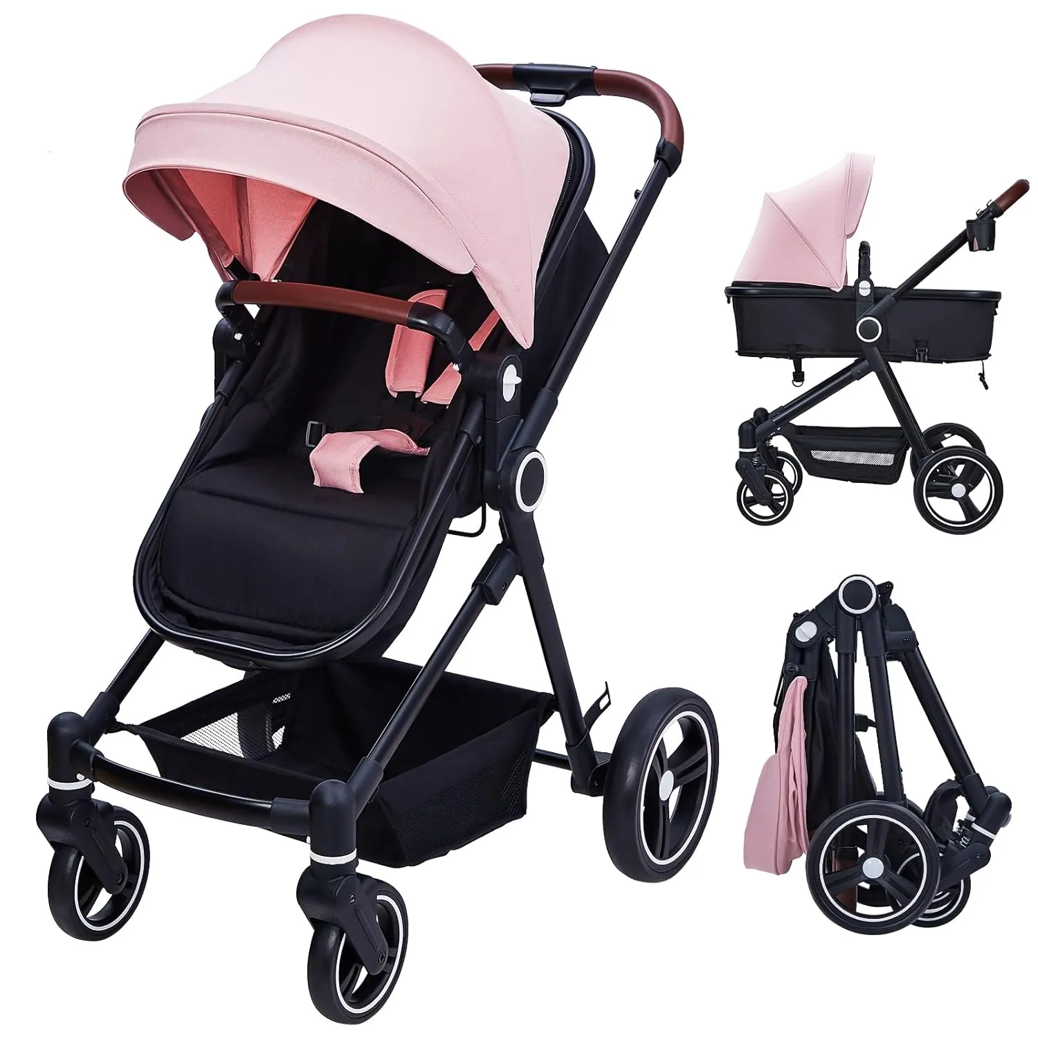 GAOMON 2 in1 Baby Stroller, High Landscape Infant Stroller, Reversible Bassinet Pram Stroller, Pushchair Adjustable Backrest & Canopy, Foldable Aluminum Alloy Anti-Shock Stroller for Newborn (Pink)