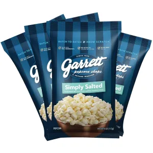 Garrett Popcorn Simply Salted, 4.0oz, 4 Bags,​ Light Salty Snack, Vegan, Gluten Free, Only 3 Ingredients, Popped Popcorn Bags
