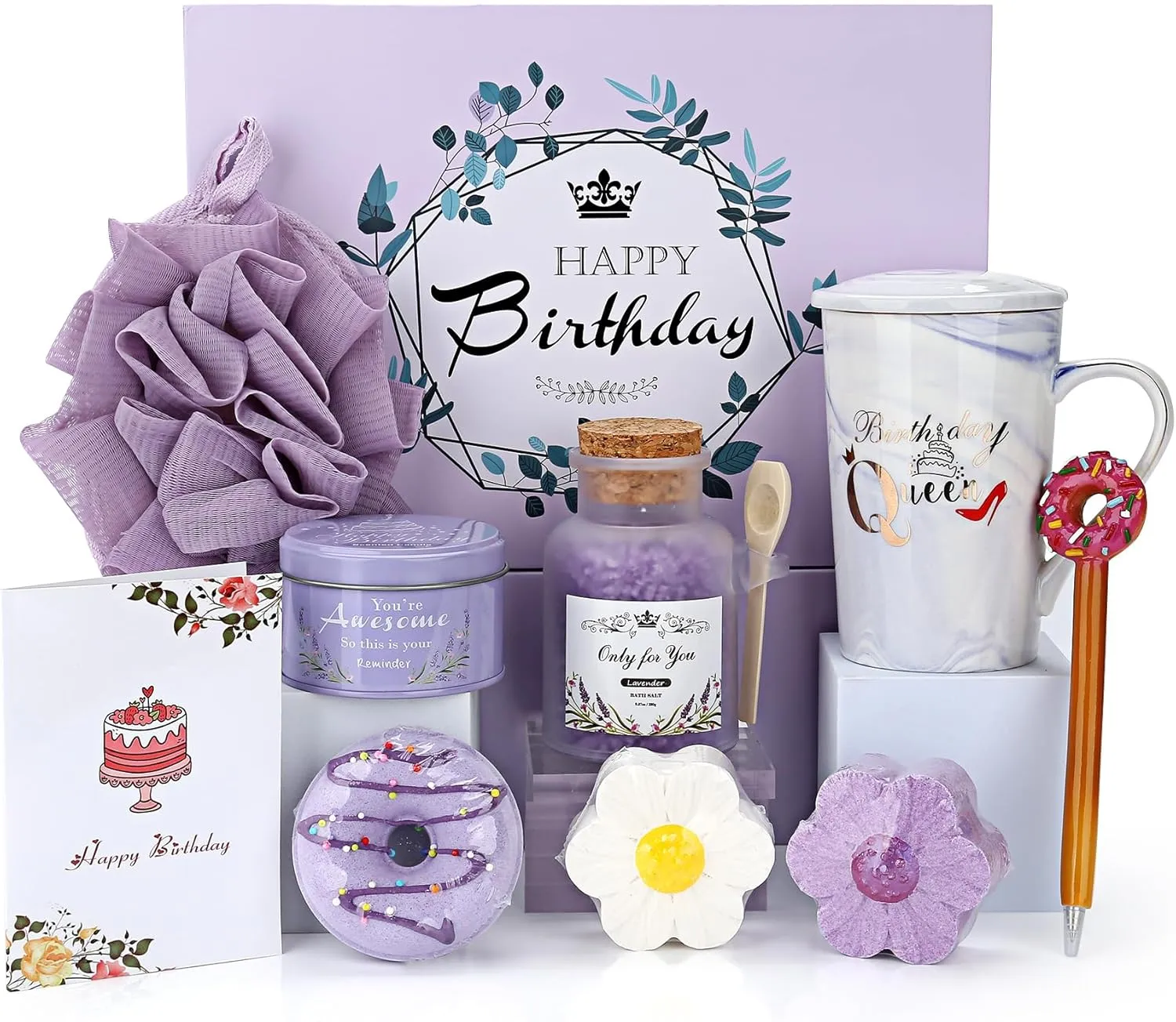 Gift Basket for Women, Unique Relaxing Spa Birthday Gift Box, Purple Ceramic Mug, Lavender Scented Candle, Bath Bombs, Salt, Loofah Sponge
