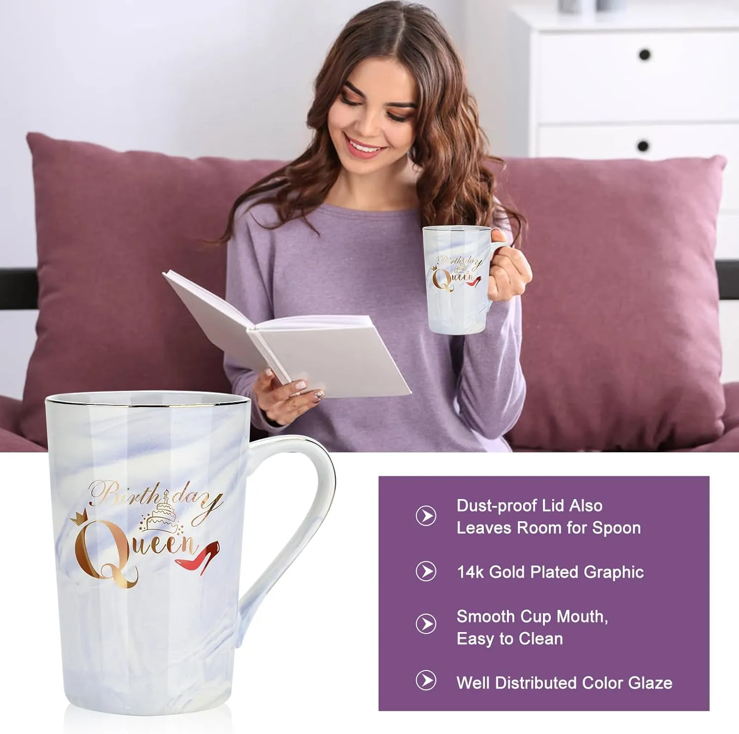 Gift Basket for Women, Unique Relaxing Spa Birthday Gift Box, Purple Ceramic Mug, Lavender Scented Candle, Bath Bombs, Salt, Loofah Sponge