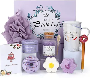 Gift Basket for Women, Unique Relaxing Spa Birthday Gift Box, Purple Ceramic Mug, Lavender Scented Candle, Bath Bombs, Salt, Loofah Sponge