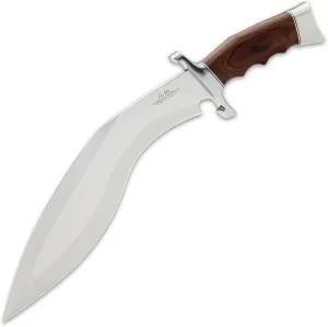 Gil Hibben Kukri Fighter Knife and Leather Belt Sheath - 5Cr15MoV Steel Blade, Pakkawood Handle, Chrome-Plated Metal Guard And Pommel, Use for Outdoor Adventures, For Bushcrafting - Length 17 3/8”