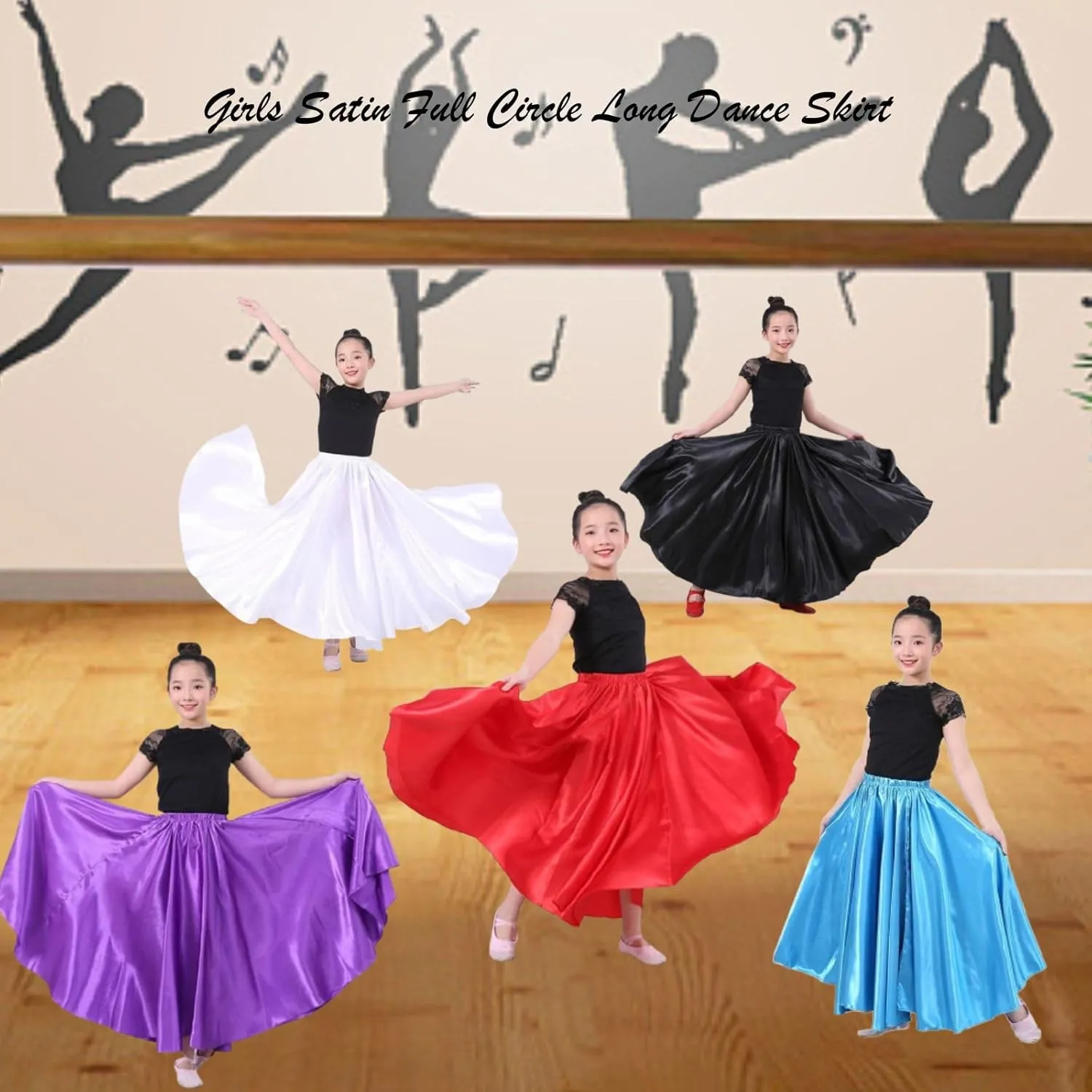 Girls Satin Ankle Length Swing Dance Full Circle Dance Skirt for Belly Dance Folk Dance and Praise Dance Dresses