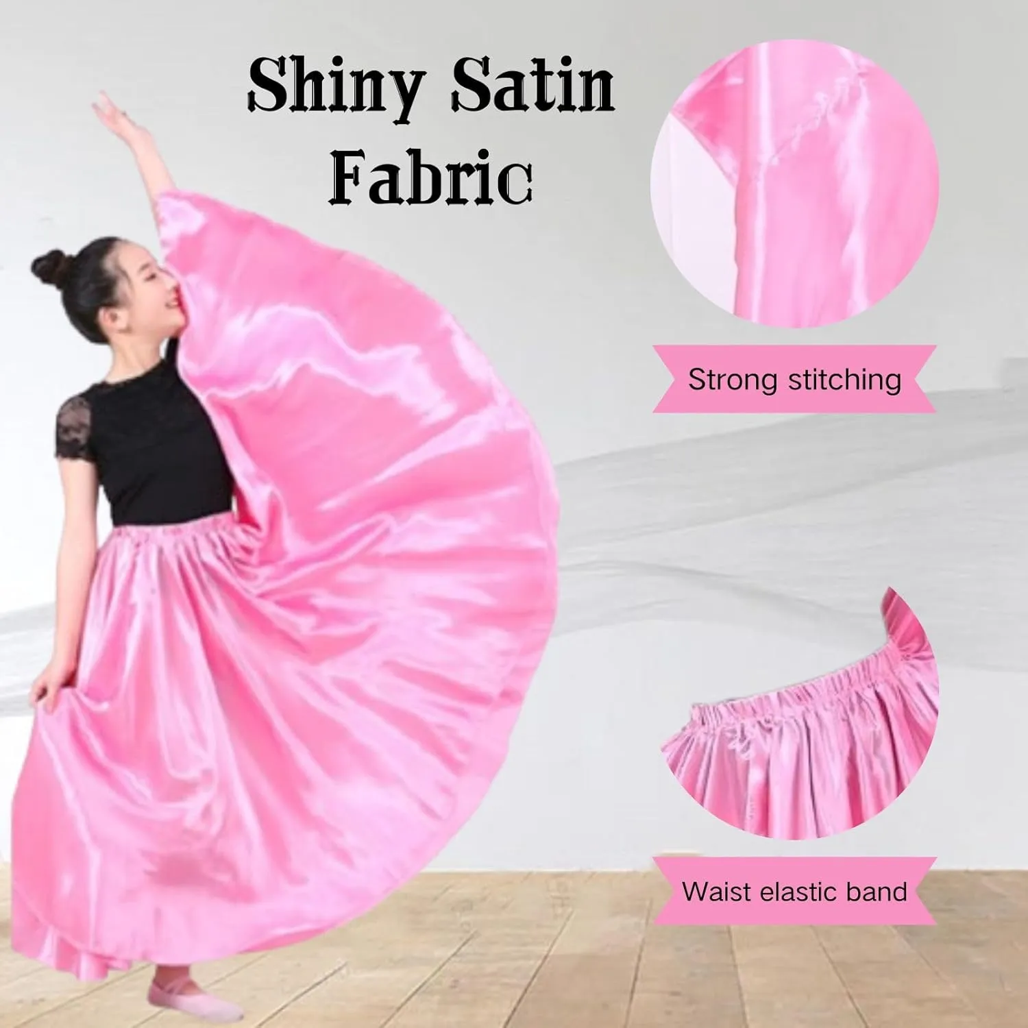 Girls Satin Ankle Length Swing Dance Full Circle Dance Skirt for Belly Dance Folk Dance and Praise Dance Dresses
