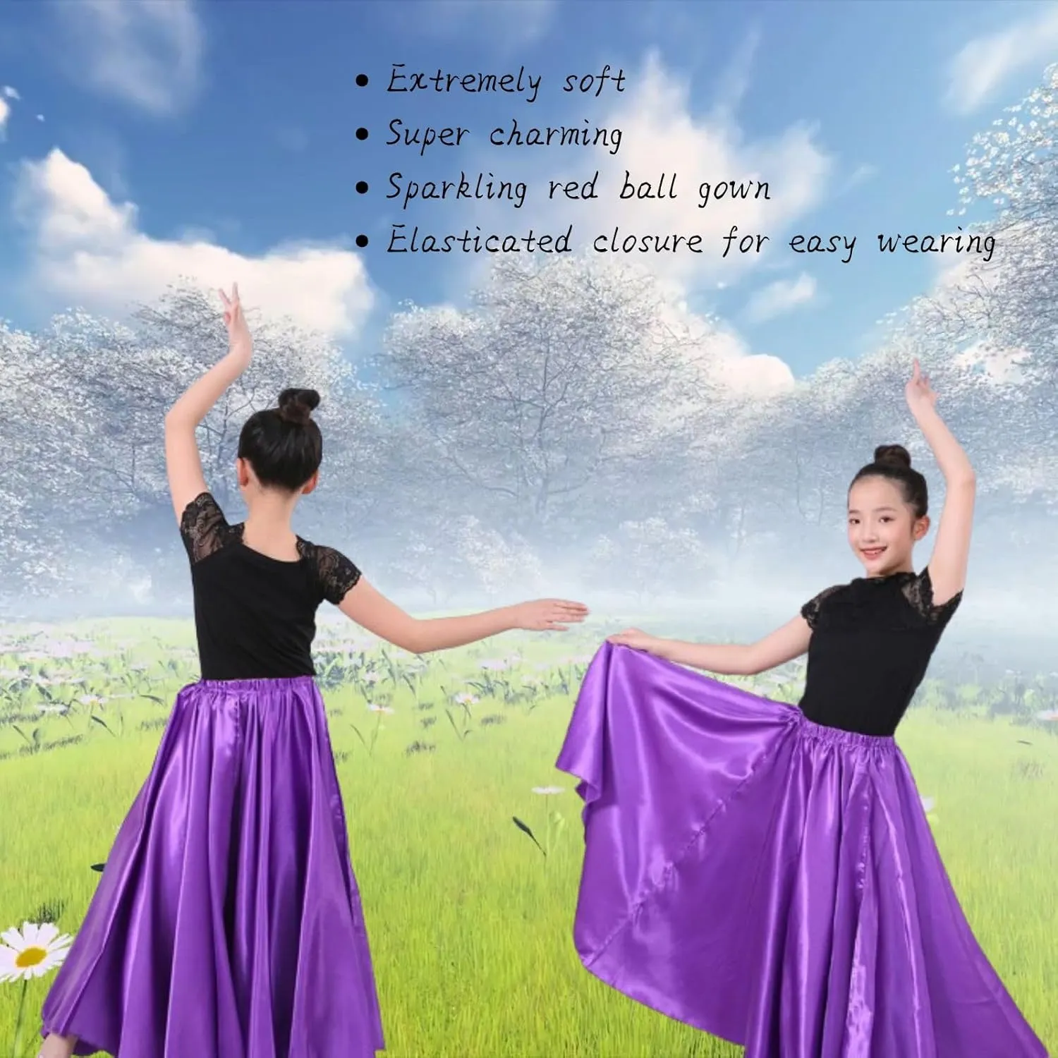 Girls Satin Ankle Length Swing Dance Full Circle Dance Skirt for Belly Dance Folk Dance and Praise Dance Dresses