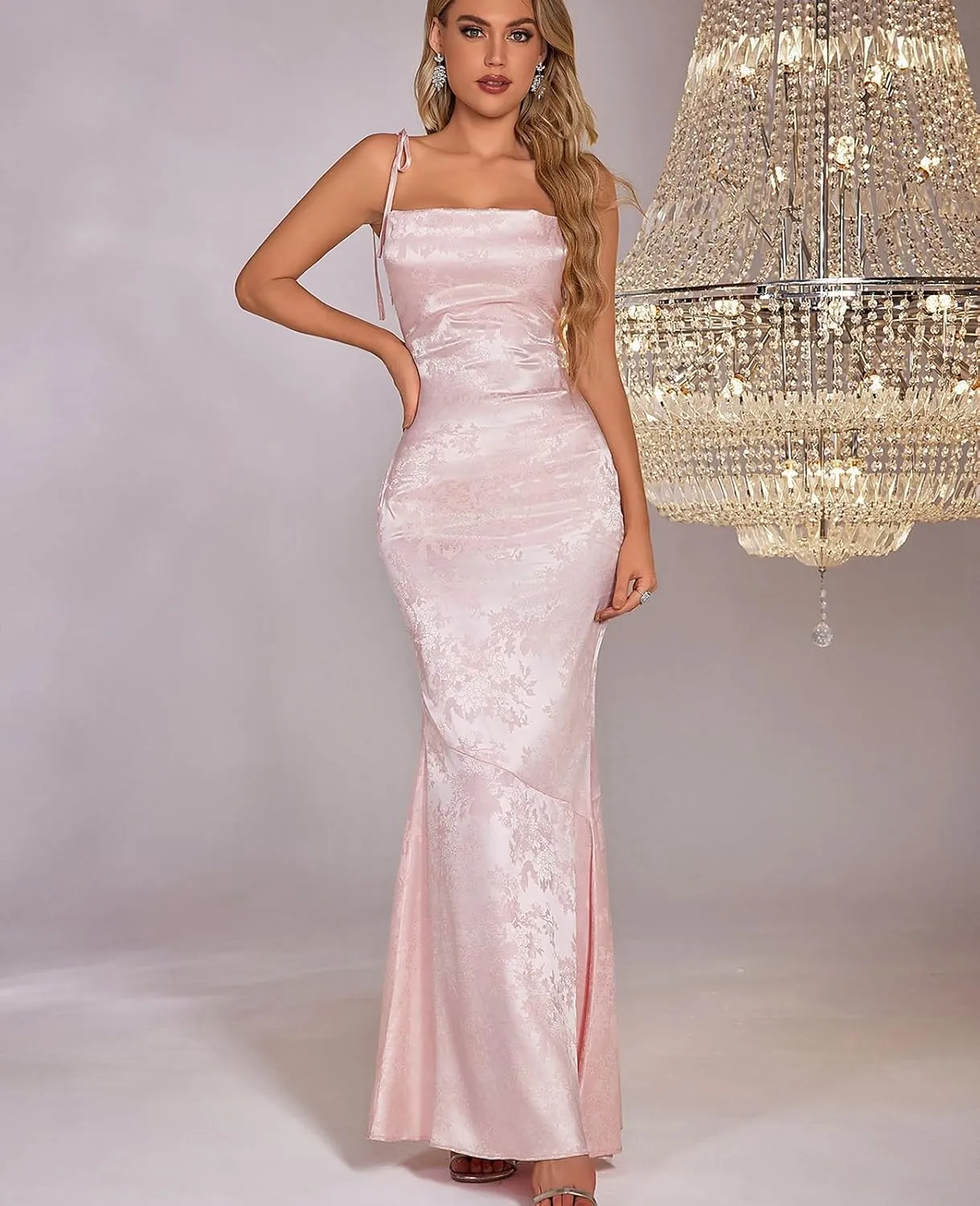 GLNEGE Women's Satin Bodycon Maxi Dress Elegant Formal Spaghetti Strap Cowl Neck Evening Party Dresses