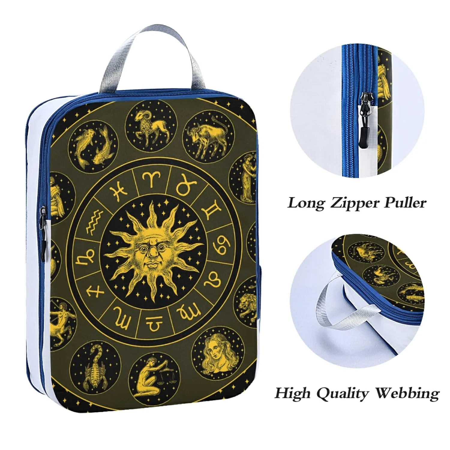 Gold Zodiac Wheel Astrology Horoscope with Circle, Sun and Signs 3 Piece set Cubes Expandable Adjustable Luggage Packing Bags, Ultralight Organizer Accessories Travel Suitcase Compressible Bags