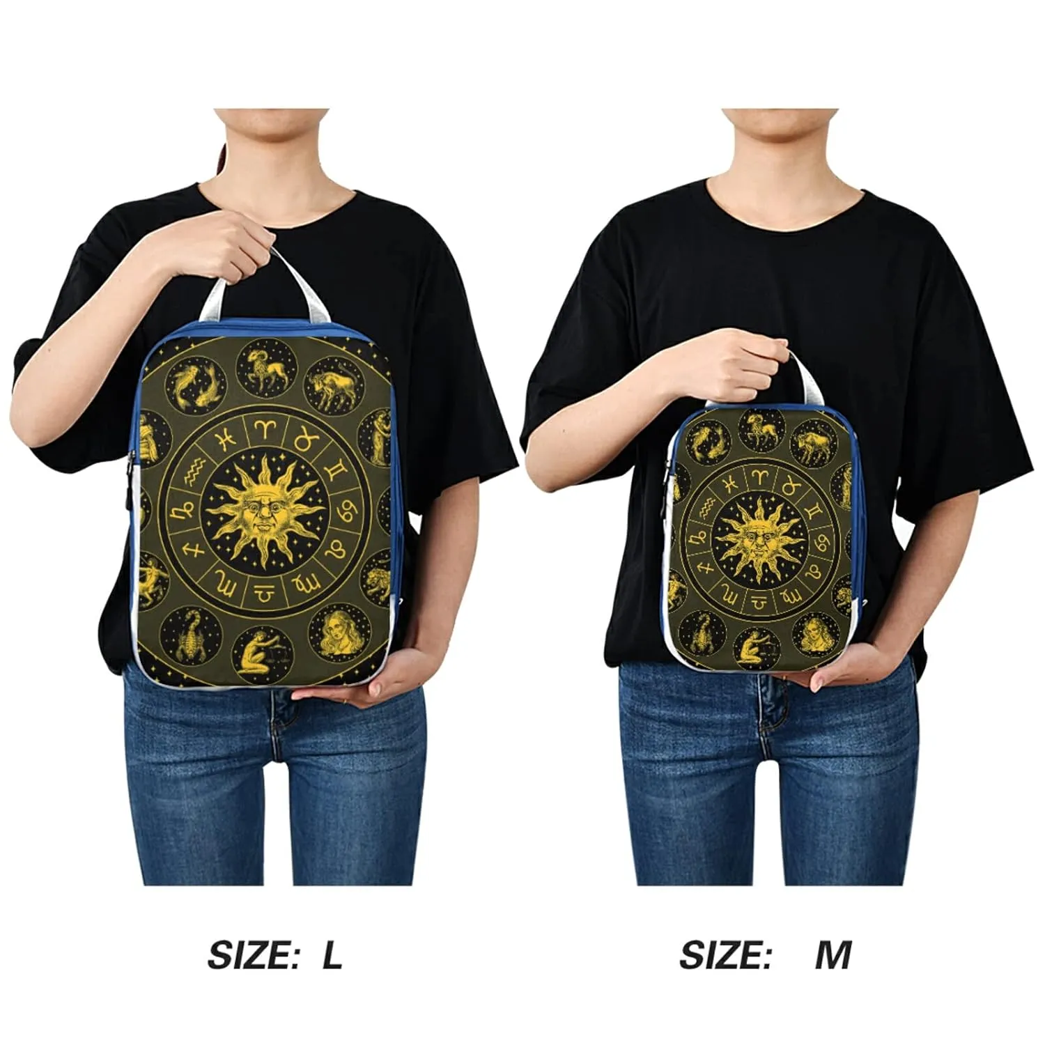 Gold Zodiac Wheel Astrology Horoscope with Circle, Sun and Signs 3 Piece set Cubes Expandable Adjustable Luggage Packing Bags, Ultralight Organizer Accessories Travel Suitcase Compressible Bags
