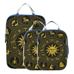 Gold Zodiac Wheel Astrology Horoscope with Circle, Sun and Signs 3 Piece set Cubes Expandable Adjustable Luggage Packing Bags, Ultralight Organizer Accessories Travel Suitcase Compressible Bags