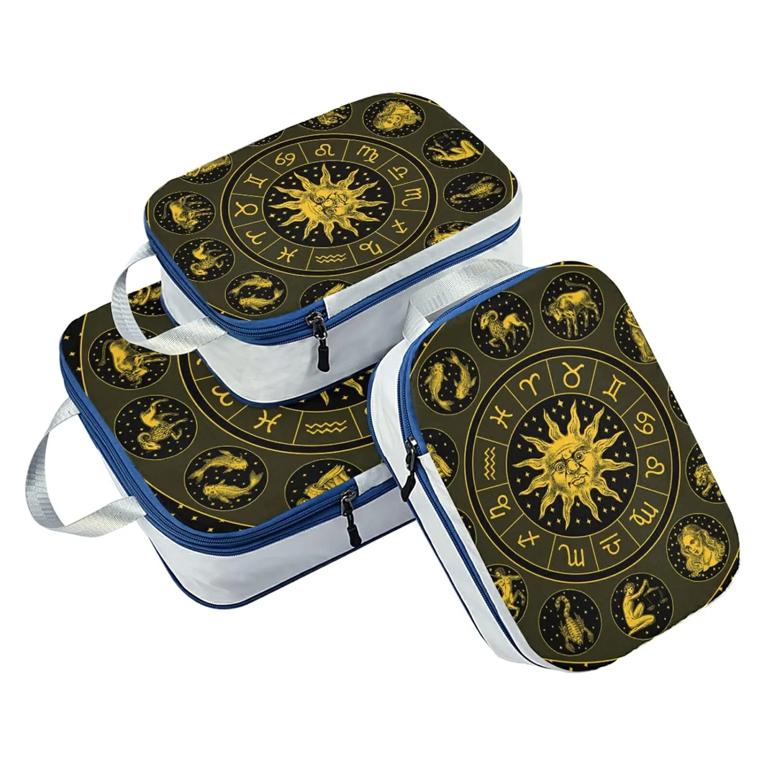 Gold Zodiac Wheel Astrology Horoscope with Circle, Sun and Signs 3 Piece set Cubes Expandable Adjustable Luggage Packing Bags, Ultralight Organizer Accessories Travel Suitcase Compressible Bags
