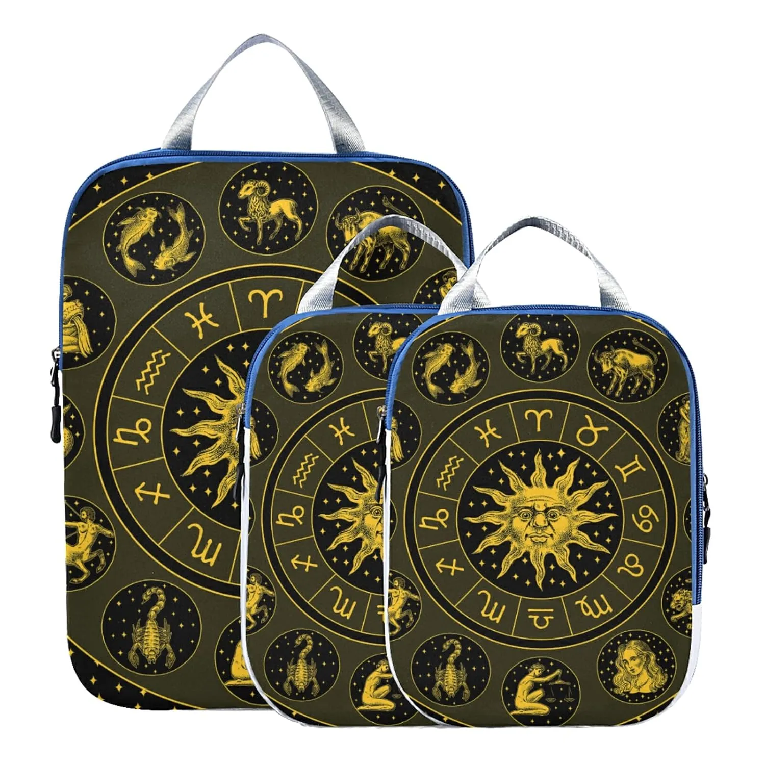 Gold Zodiac Wheel Astrology Horoscope with Circle, Sun and Signs 3 Piece set Cubes Expandable Adjustable Luggage Packing Bags, Ultralight Organizer Accessories Travel Suitcase Compressible Bags