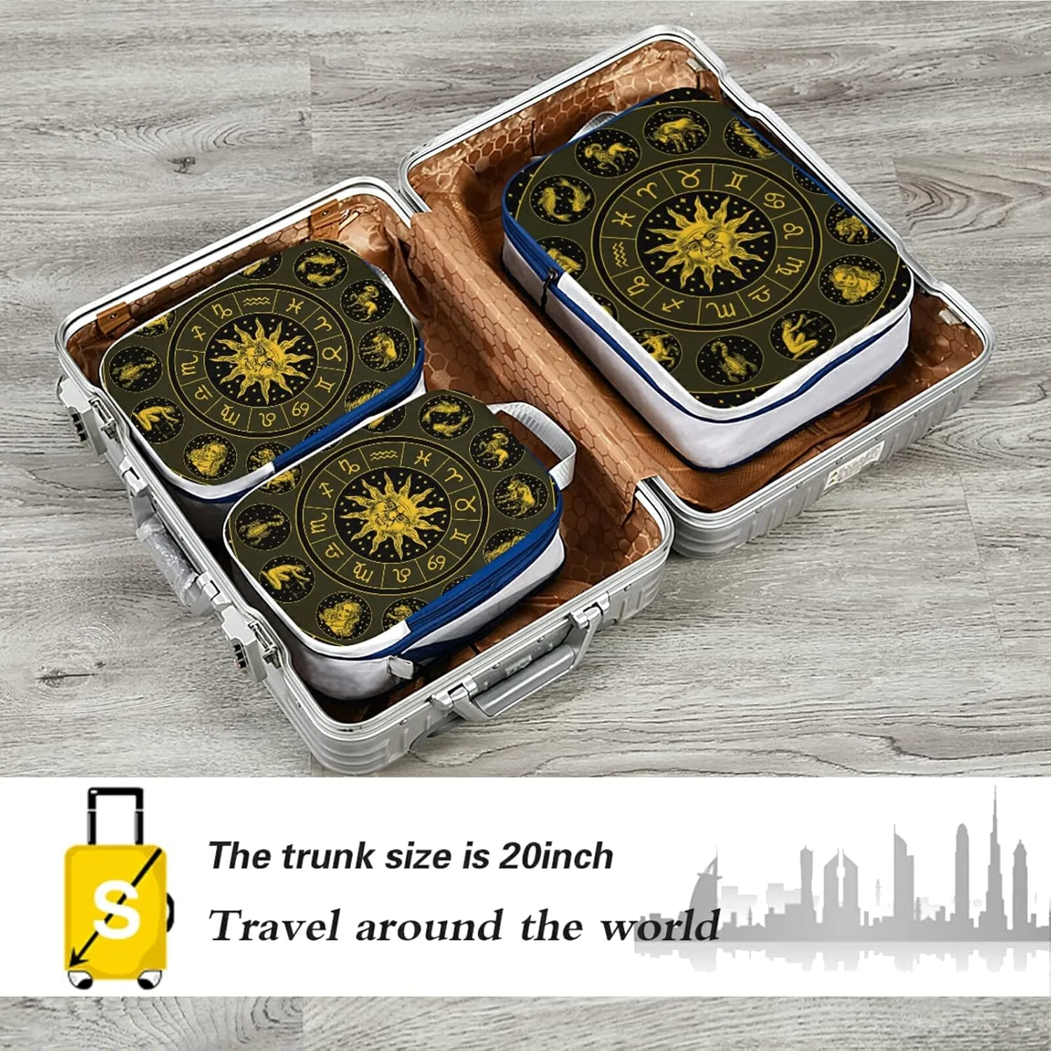 Gold Zodiac Wheel Astrology Horoscope with Circle, Sun and Signs 3 Piece set Cubes Expandable Adjustable Luggage Packing Bags, Ultralight Organizer Accessories Travel Suitcase Compressible Bags